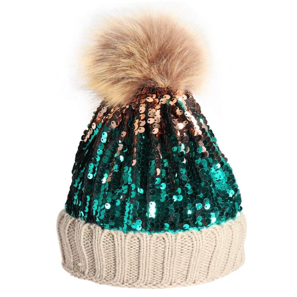 2800 Sequin Knitted Beanie Hat with Faux Fur Pom-Pom Shiny Bling Skull Cap